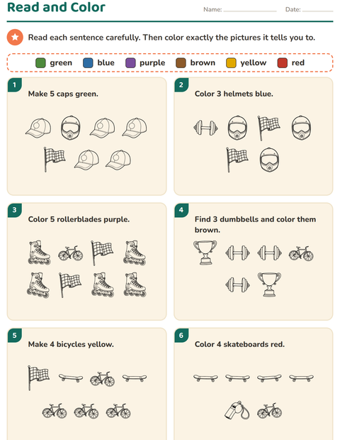 Preview of Read and Color worksheet featuring Sports BW for grade 1