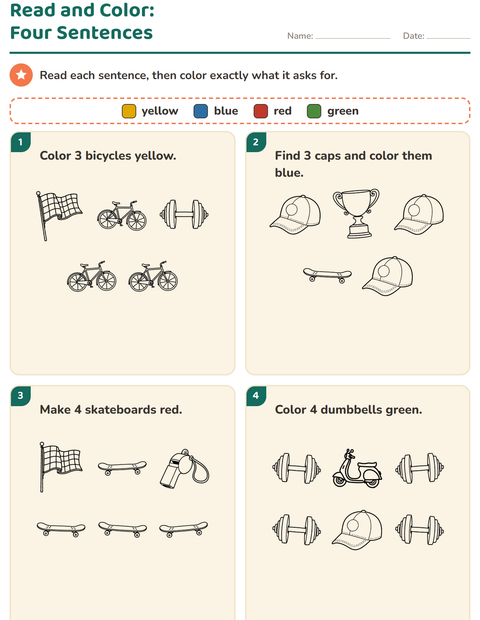 Preview of Read and Color worksheet featuring Sports BW for grade 1