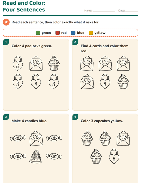 Preview of Read and Color worksheet featuring Valentine BW for grade 1