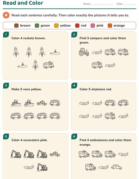 Preview of Read and Color worksheet featuring Vehicles BW 2 for grade 1