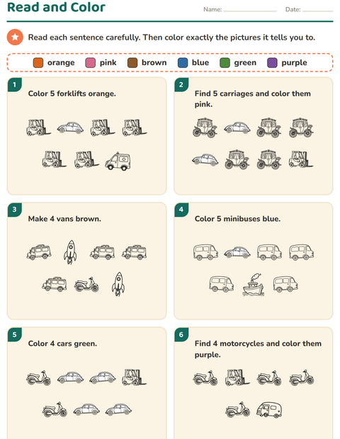 Preview of Read and Color worksheet featuring Vehicles BW 3 for grade 1