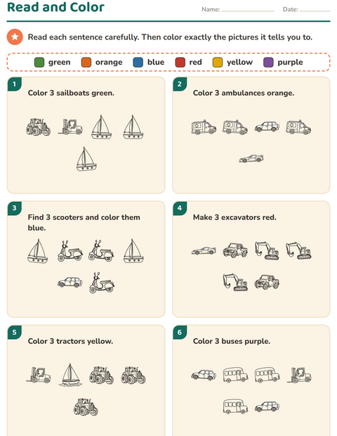 Preview of Read and Color worksheet featuring Vehicles BW for grade 1