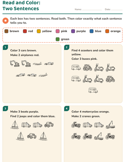 Preview of Read and Color worksheet featuring Vehicles BW for grade 1