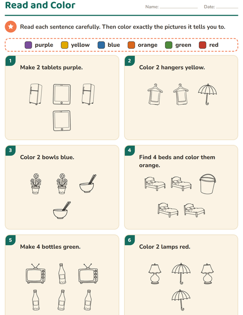 Preview of Read and Color worksheet featuring Household BW for grade 1