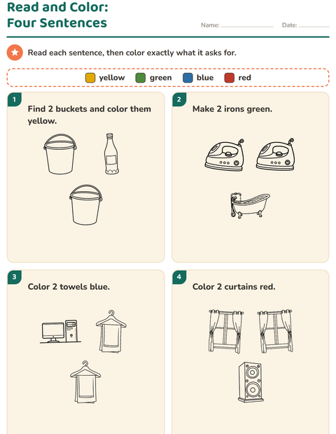 Preview of Read and Color worksheet featuring Household BW for grade 1
