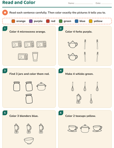 Preview of Read and Color worksheet featuring Kitchen BW for grade 1