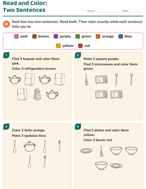 Preview of Read and Color worksheet featuring Kitchen BW for grade 1