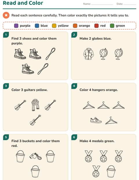 Preview of Read and Color worksheet featuring Objects BW for grade 1
