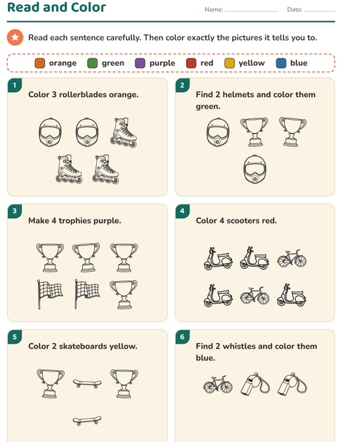 Preview of Read and Color worksheet featuring Sports BW for grade 1