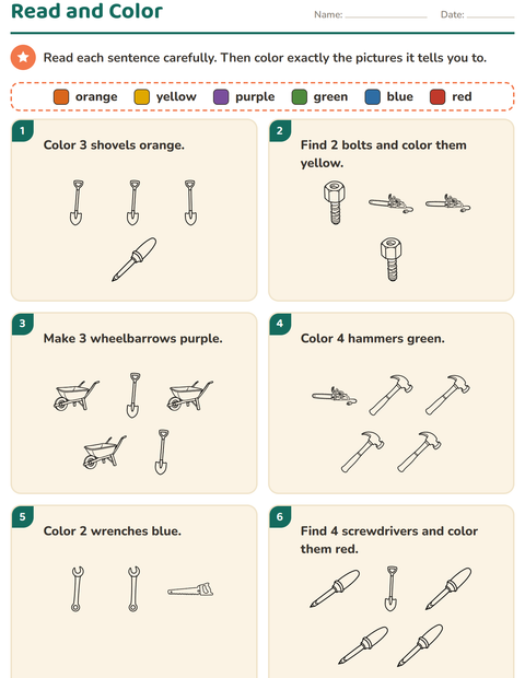 Preview of Read and Color worksheet featuring Tools BW for grade 1
