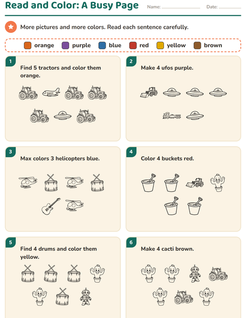 Read and Color: A Busy Page with Six Colors