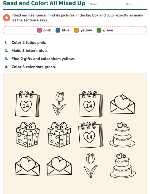 Preview of Read and Color worksheet featuring Valentine BW 2 for grade 1