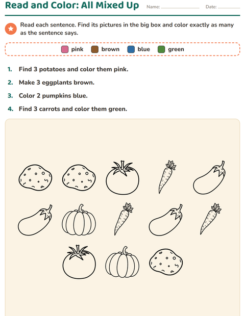 Preview of Read and Color worksheet featuring Vegetables BW for grade 1
