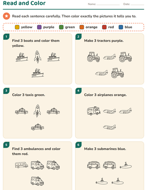 Preview of Read and Color worksheet featuring Vehicles BW 2 for grade 1