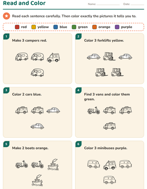 Preview of Read and Color worksheet featuring Vehicles BW 3 for grade 1