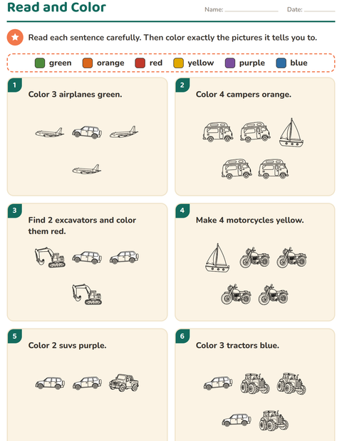 Preview of Read and Color worksheet featuring Vehicles BW for grade 1