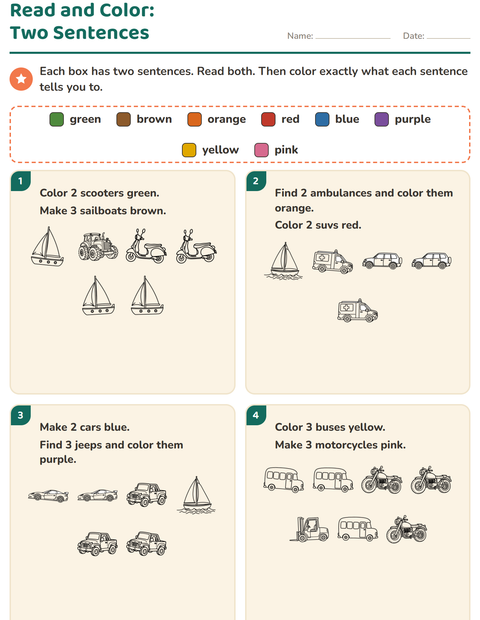 Preview of Read and Color worksheet featuring Vehicles BW for grade 1