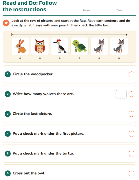 Preview of Read and Do worksheet featuring Forest Creatures for grade 1