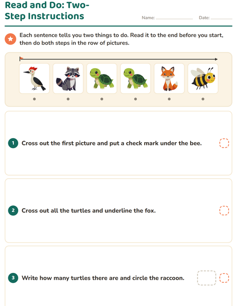 Preview of Read and Do worksheet featuring Forest Creatures for grade 1