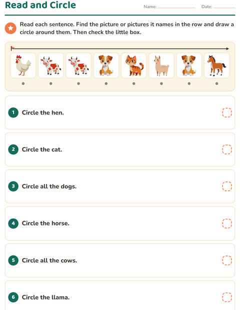 Preview of Read and Do worksheet featuring Farm Animals for grade 1
