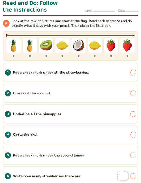 Preview of Read and Do worksheet featuring Fruits for grade 1