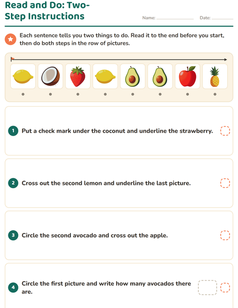 Preview of Read and Do worksheet featuring Fruits for grade 1