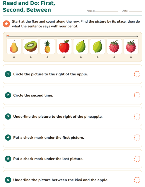 Read and Do: First, Second, Between — Find the Picture by Its Place