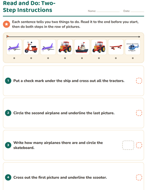 Preview of Read and Do worksheet featuring Vehicles for grade 1