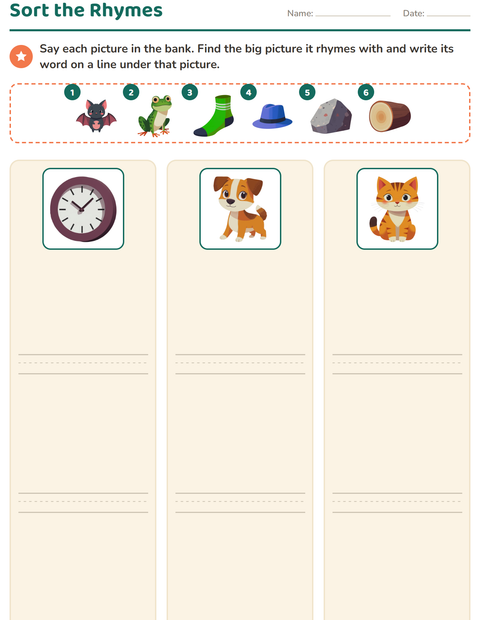 Sort the Rhymes: Write Each Bank Word Under Its Rhyme Head