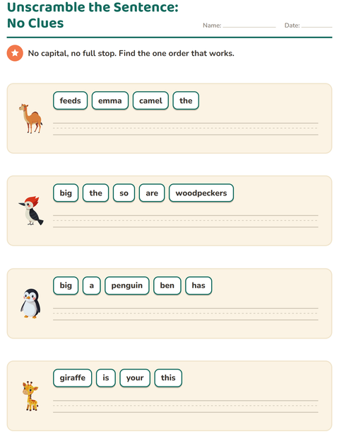 Preview of Unscramble the Sentence: No Capital, No End Mark