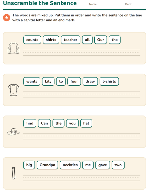 Preview of Sentence Building worksheet featuring Apparel BW for grade 1