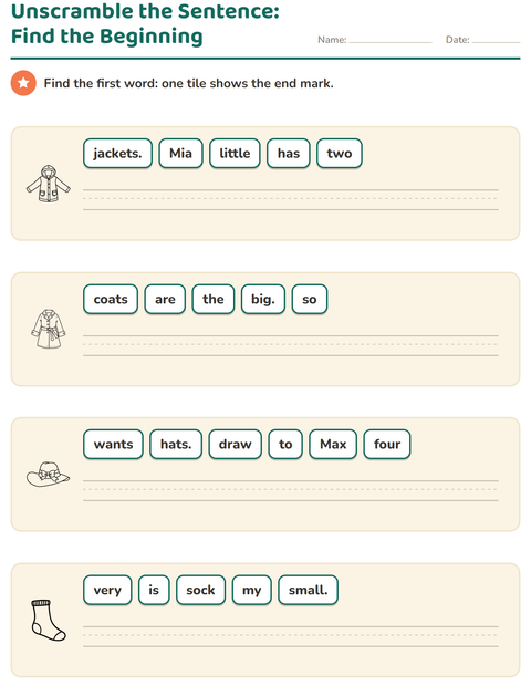 Preview of Sentence Building worksheet featuring Apparel BW for grade 1