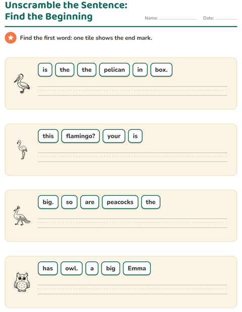 Preview of Sentence Building worksheet featuring Birds BW for grade 1