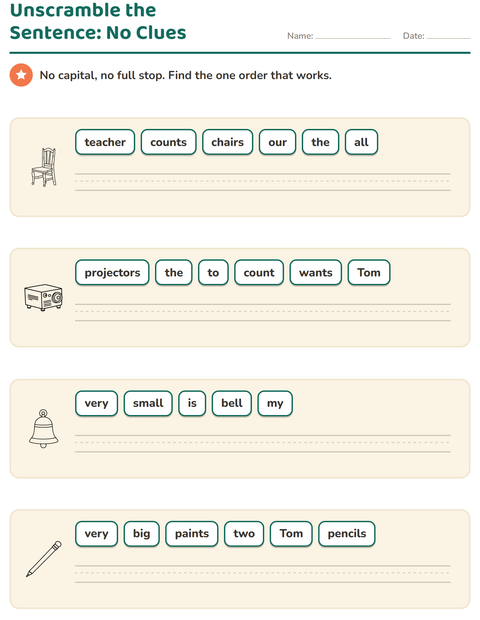 Preview of Sentence Building worksheet featuring Classroom (B&W) for grade 1