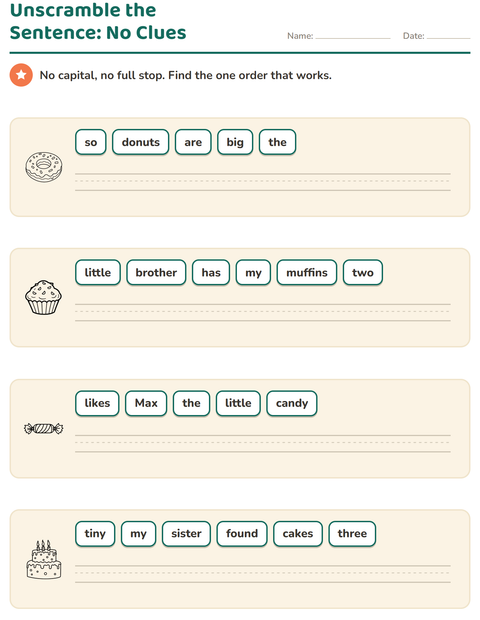 Preview of Sentence Building worksheet featuring Dessert (B&W) for grade 1