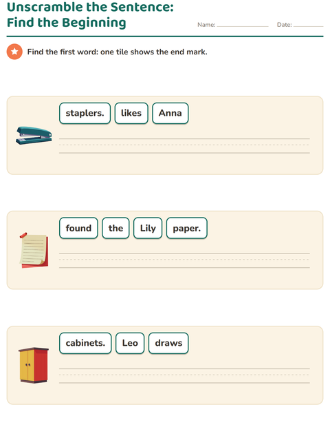 Preview of Sentence Building worksheet featuring Classroom for grade 1
