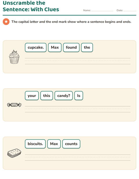 Preview of Sentence Building worksheet featuring Dessert (B&W) for grade 1