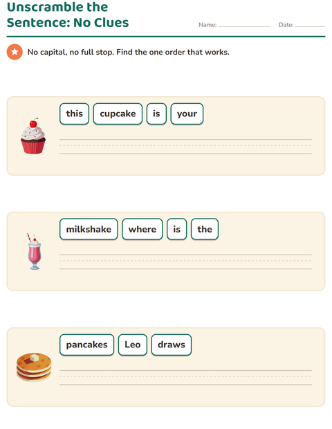 Preview of Sentence Building worksheet featuring Desserts and Sweets for grade 1