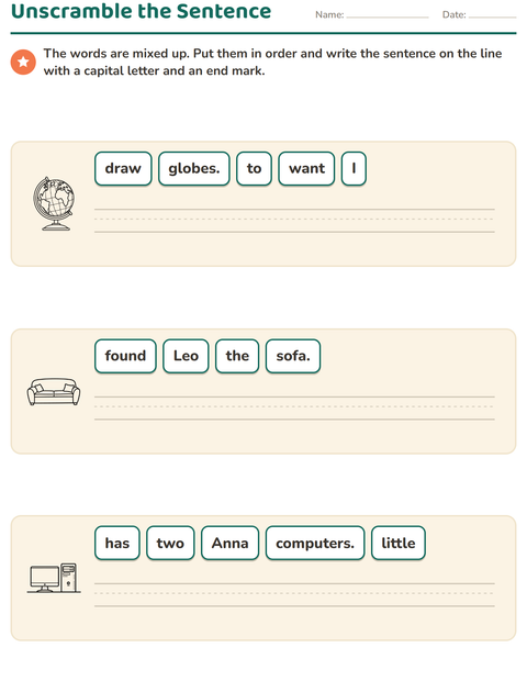 Preview of Sentence Building worksheet featuring Household BW for grade 1