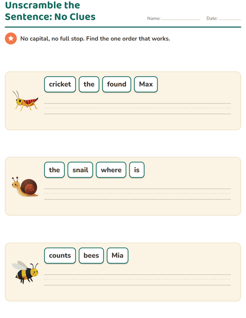 Preview of Sentence Building worksheet featuring Insects and Bugs for grade 1