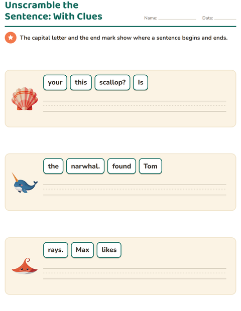 Preview of Sentence Building worksheet featuring Ocean Life for grade 1