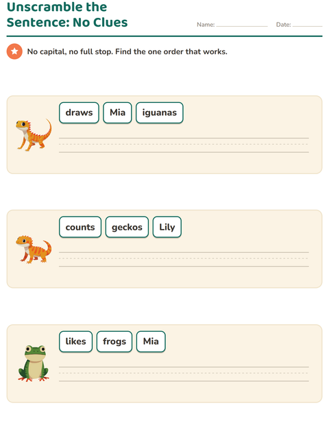 Preview of Sentence Building worksheet featuring Reptiles and Amphibians for grade 1
