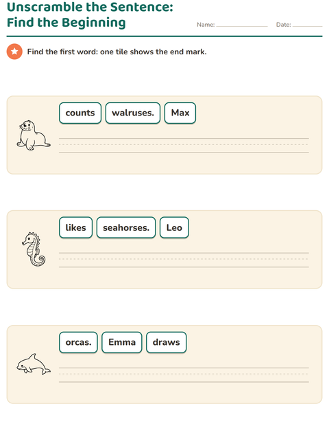 Preview of Sentence Building worksheet featuring Sea Life BW for grade 1