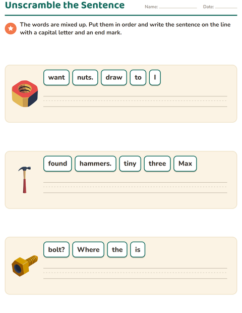 Preview of Sentence Building worksheet featuring Tools for grade 1