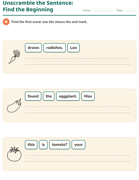 Preview of Sentence Building worksheet featuring Vegetables BW for grade 1