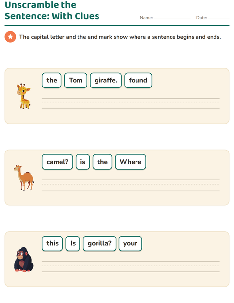 Preview of Sentence Building worksheet featuring Zoo Animals for grade 1