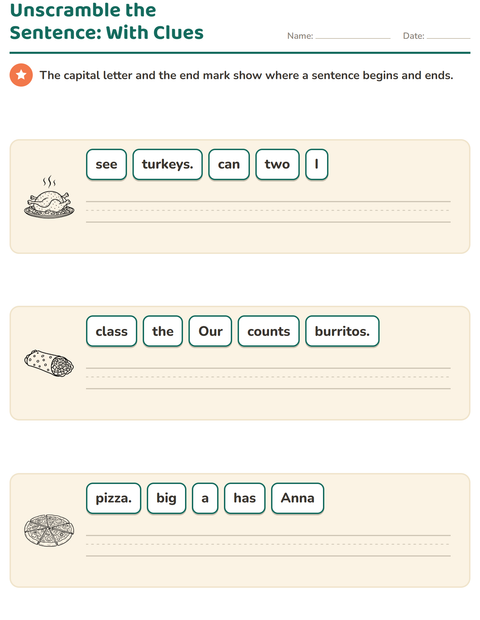 Preview of Sentence Building worksheet featuring Food BW for grade 1