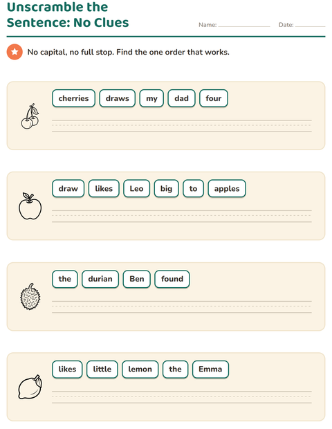 Preview of Sentence Building worksheet featuring Fruits BW for grade 1