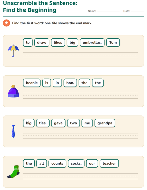 Preview of Sentence Building worksheet featuring Accessories for grade 1
