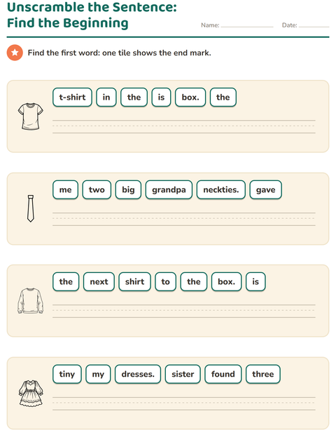 Preview of Sentence Building worksheet featuring Apparel BW for grade 1